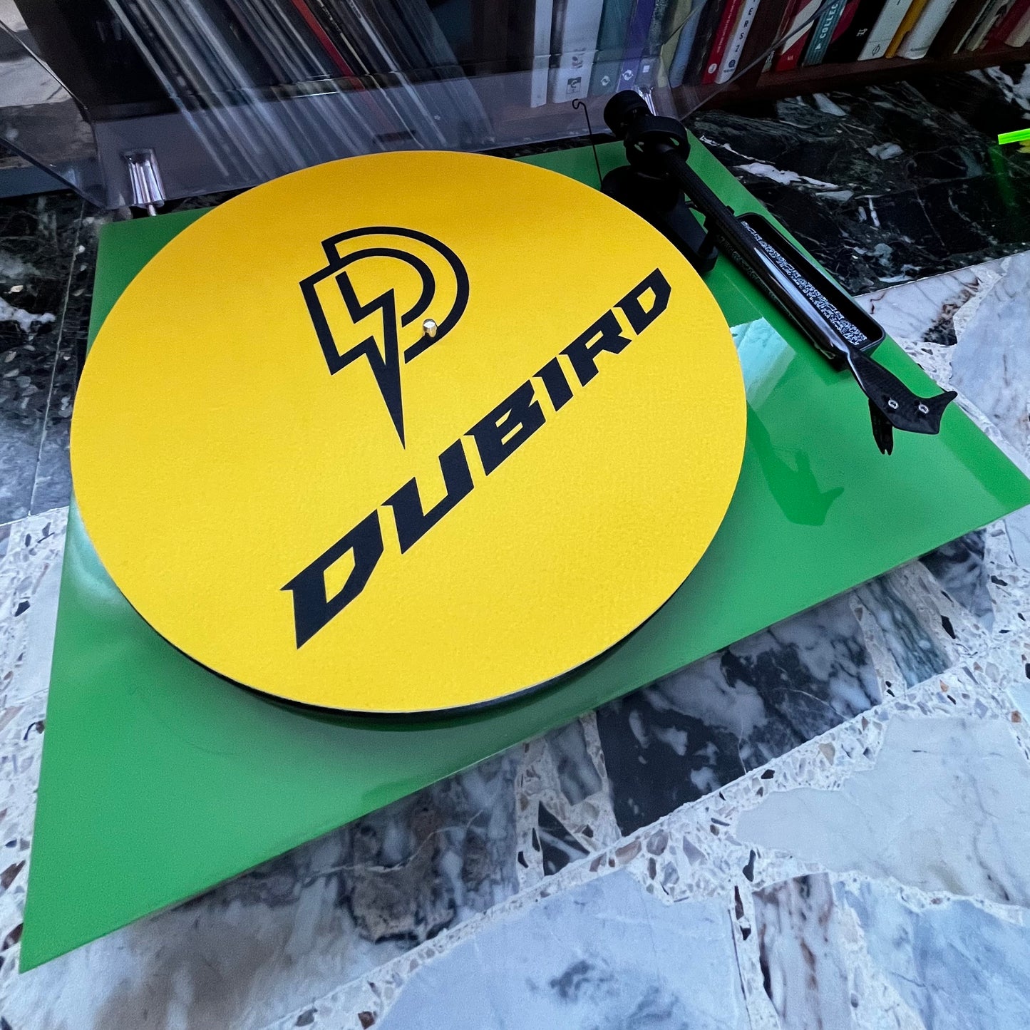 Dubird vinyl slipmat on turntable platter, Melbourne